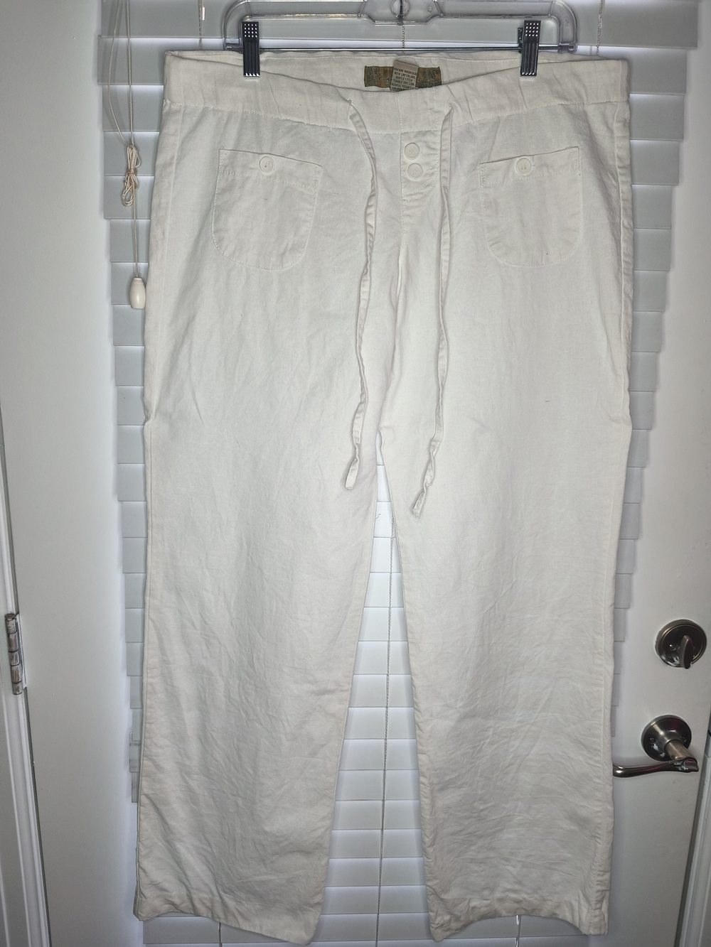 Angel Kiss Women White Linen Size XL Drawstring Pants Boho Beach Casual Cuffed